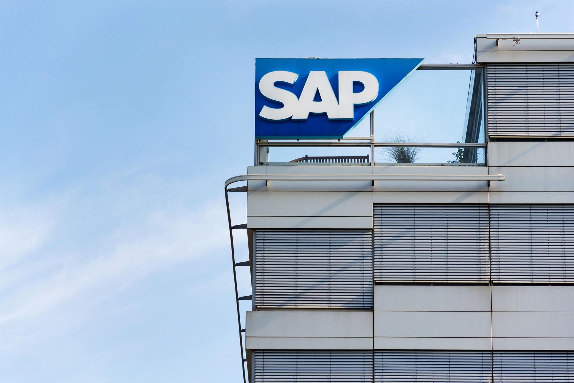 SAP multinational software corporation logo on Czech headquarters building