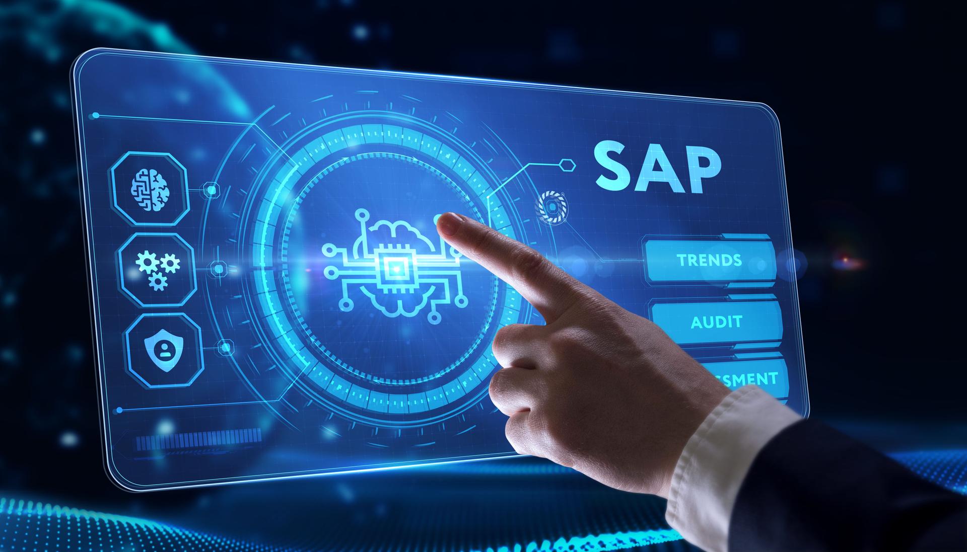 SAP System Software Automation concept on virtual screen data center. Business, modern technology, internet and networking concept.