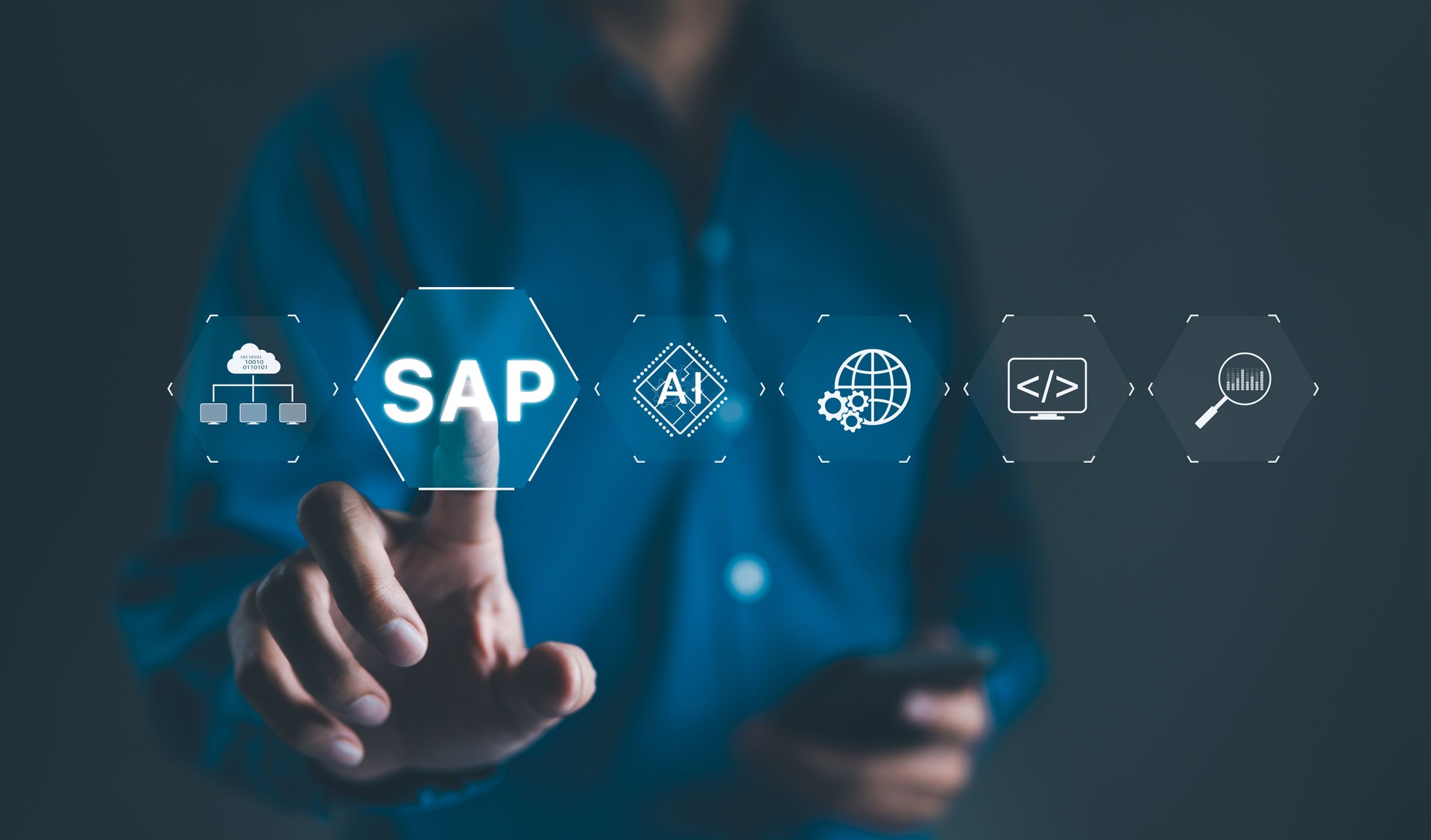 SAP system concept. Businessman touches icons related to SAP System Application Products and business process automation, highlighting the integration of AI, cloud computing, and software management.