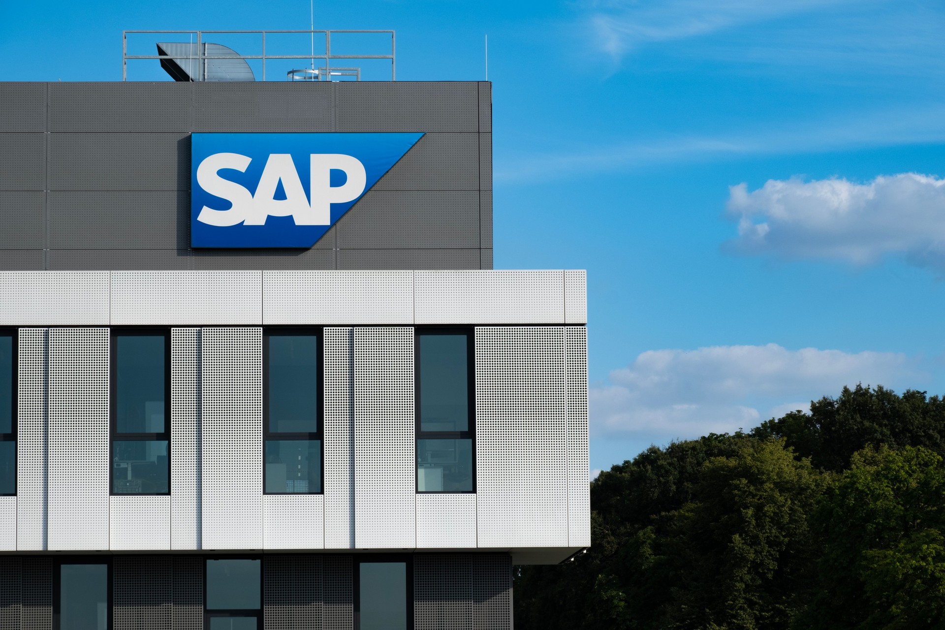 SAP logo on corporate building facade, Global software company headquarters with modern architecture in business district, Walldorf, Germany - July 29, 2024